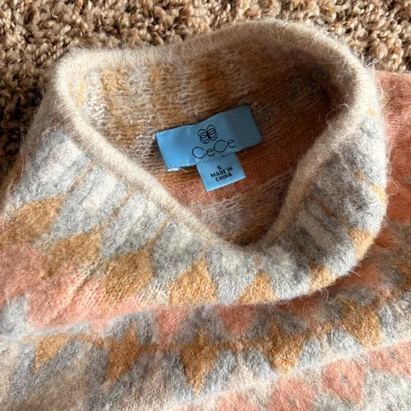 CeCe Cream and Pink Cowl Neck Sweater with Fair Isle Pattern - Picture 4 of 6